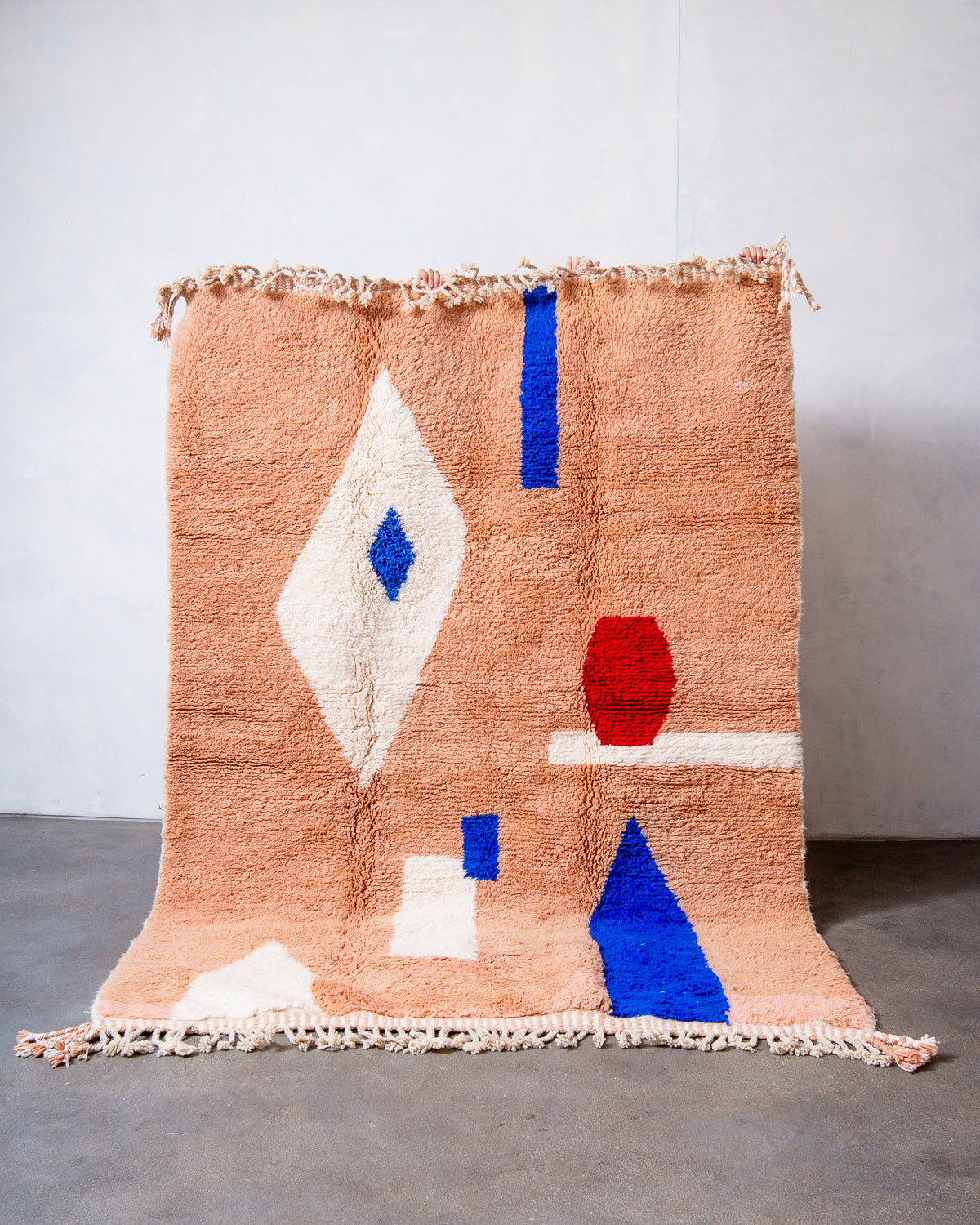 Modern, designer, handcrafted Berber rug from Morocco. Beniourain carpet with beautiful colours and patterns and fluffy wool texture.